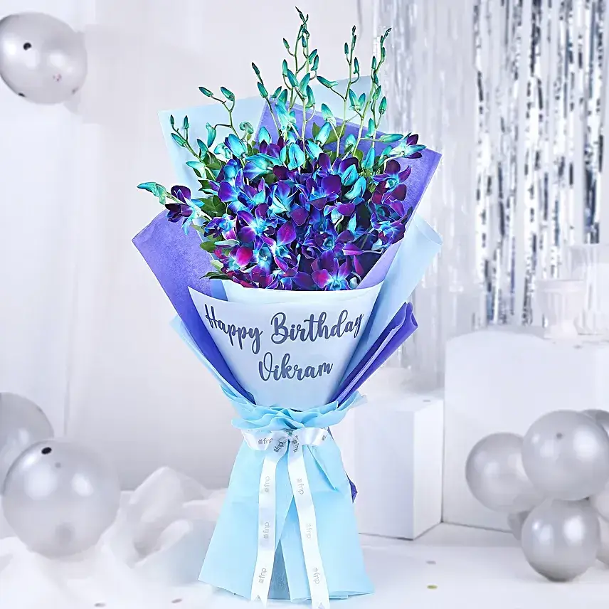 Personalised Birthday Orchid Bouquet & Chocolate Cake