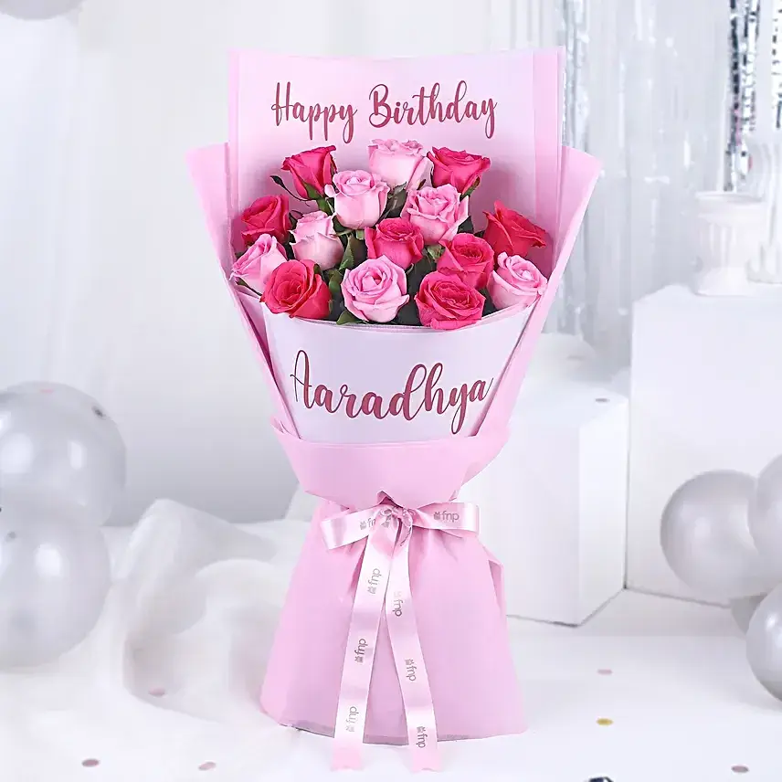 Personalised Birthday Rose Bouquet & Creamy Cake