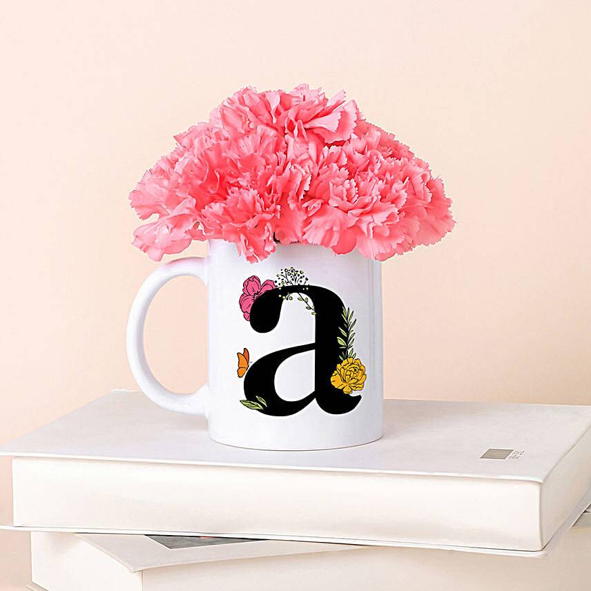 Personalised Initial Mug with Pink Carnations