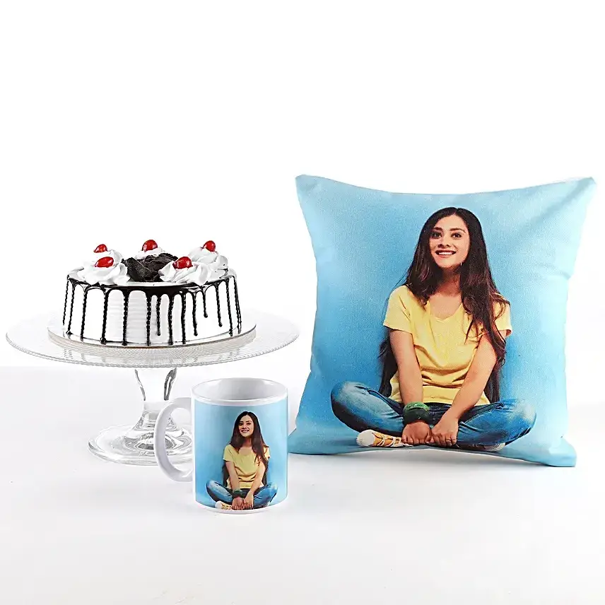 Photo Cushion, Mug & Black Forest Cake Combo