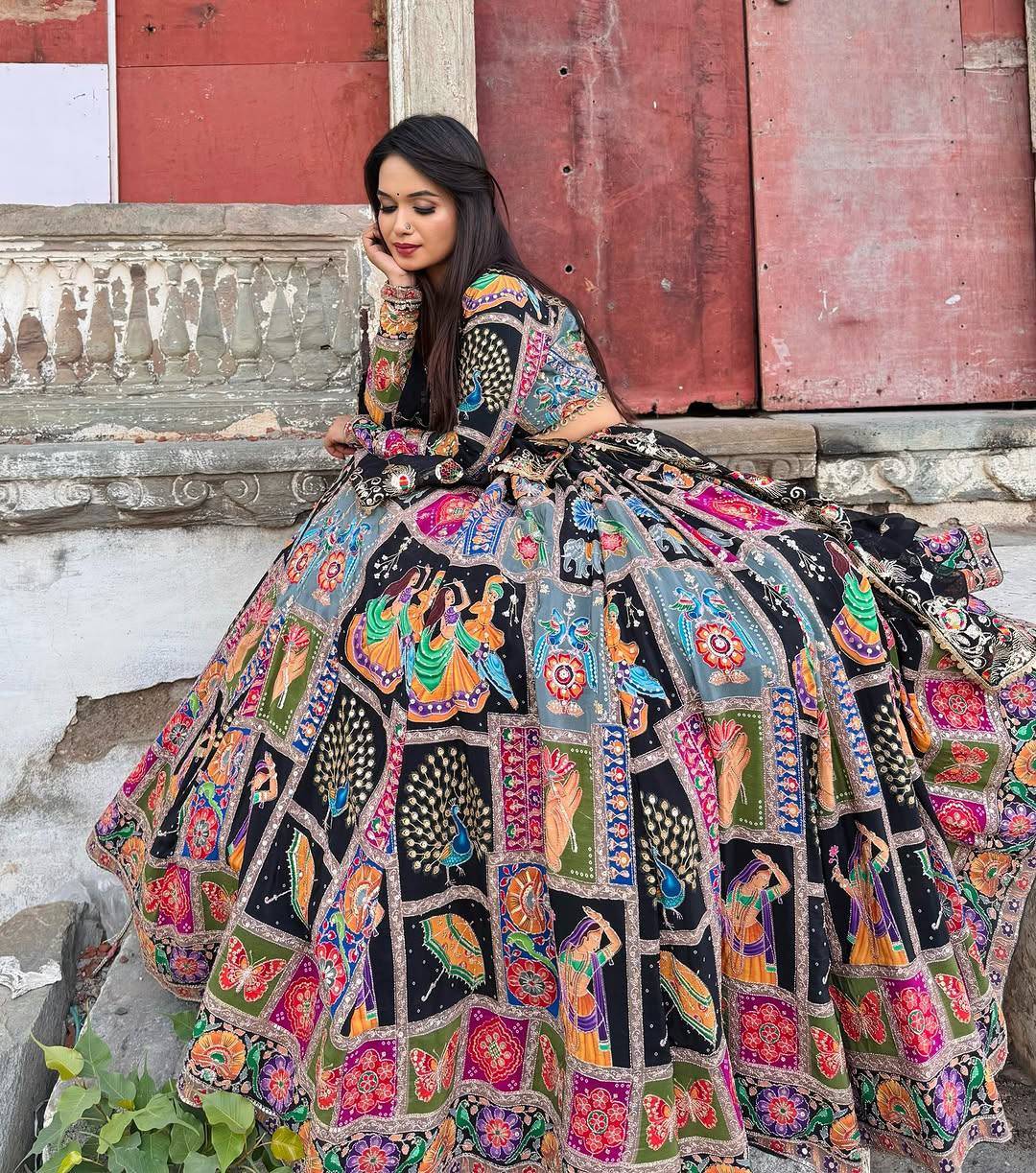 Heavy Muslin Cotton Navratri Lehenga with Real Mirror Work & Georgette Dupatta – Stitched | Designer Garba Chaniya Choli