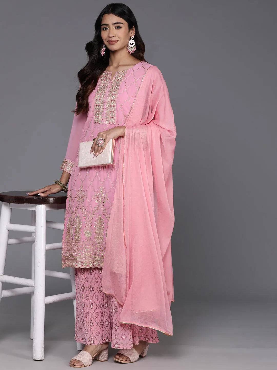 Pink Embroidered Georgette Straight Sui... Buy only at ₹5999