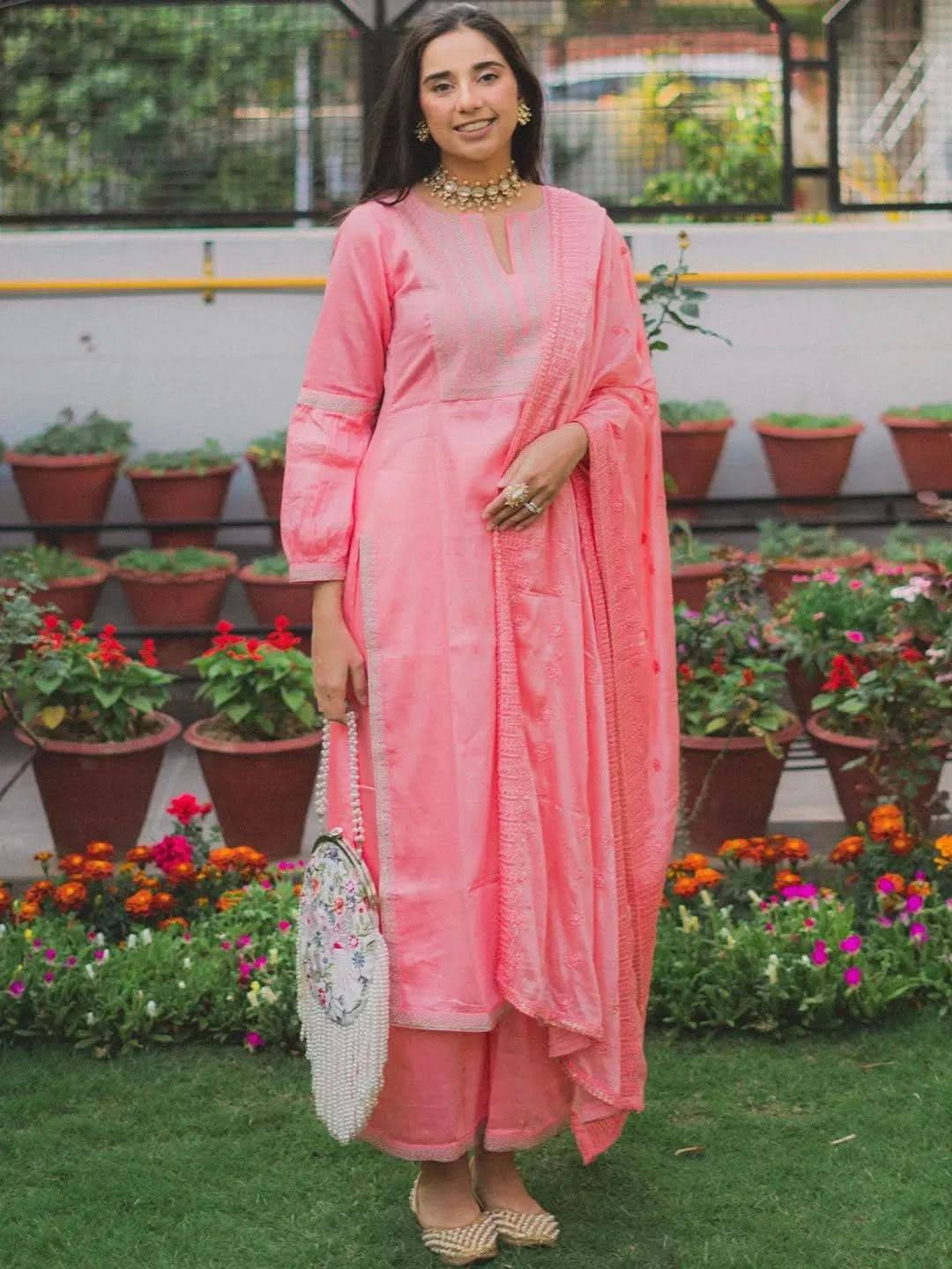 Pink Embroidered Silk Blend Straight Ku... Buy only at ₹4499