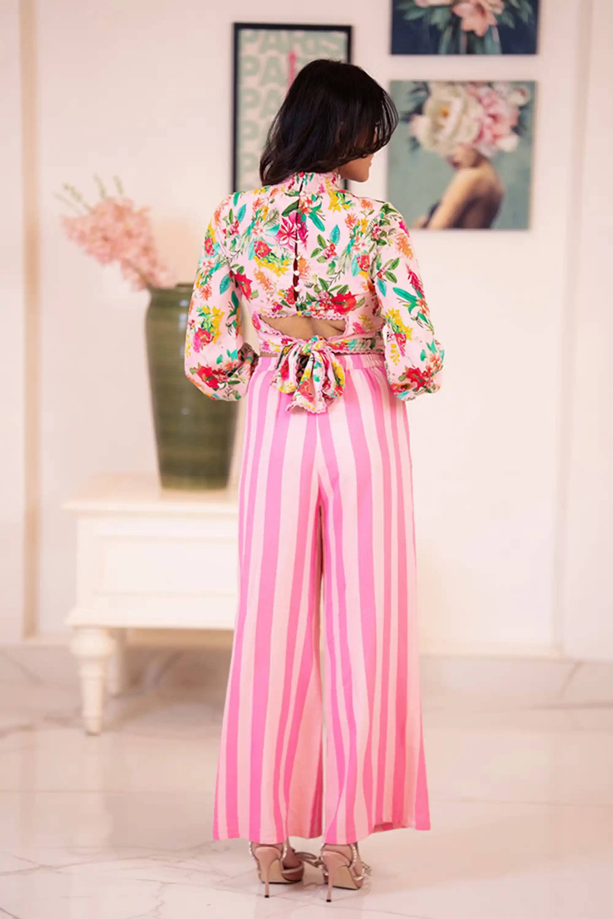 Pink Floral Crop Top & Striped Pants Co-Ord Set