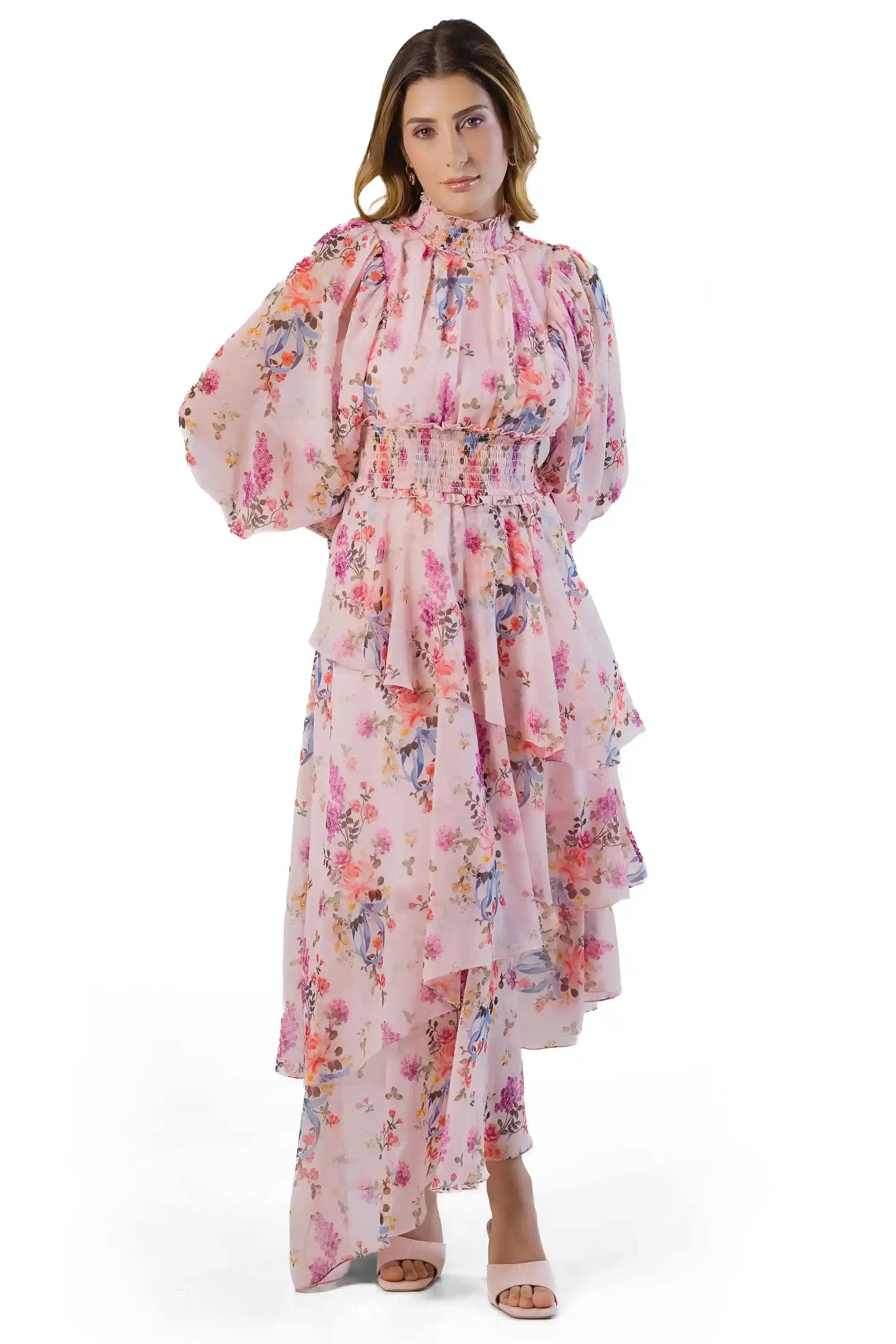 Blush Pink Floral Chiffon Maxi Dress