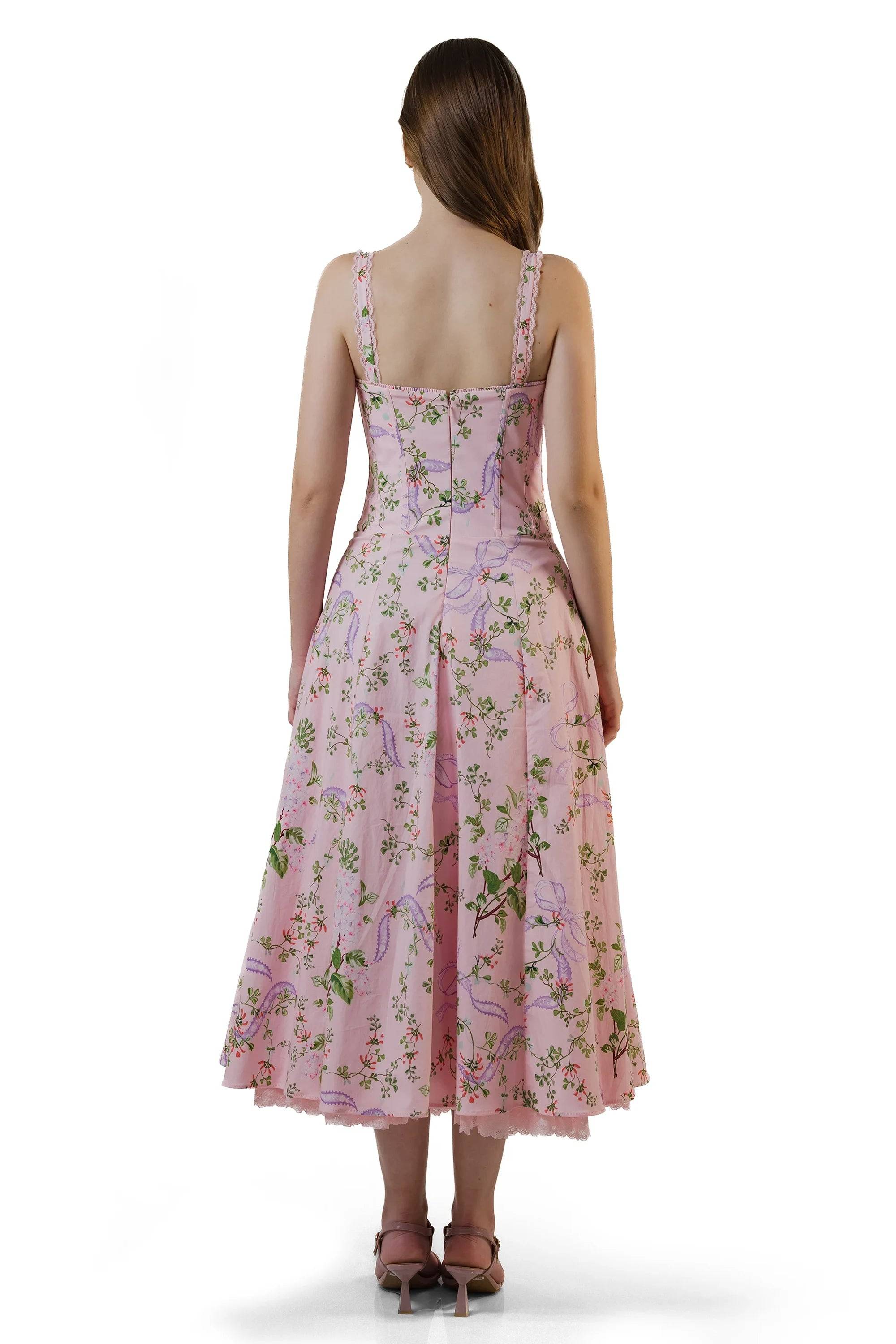 Pastel Pink Floral Bustier Midi Cotton Dress