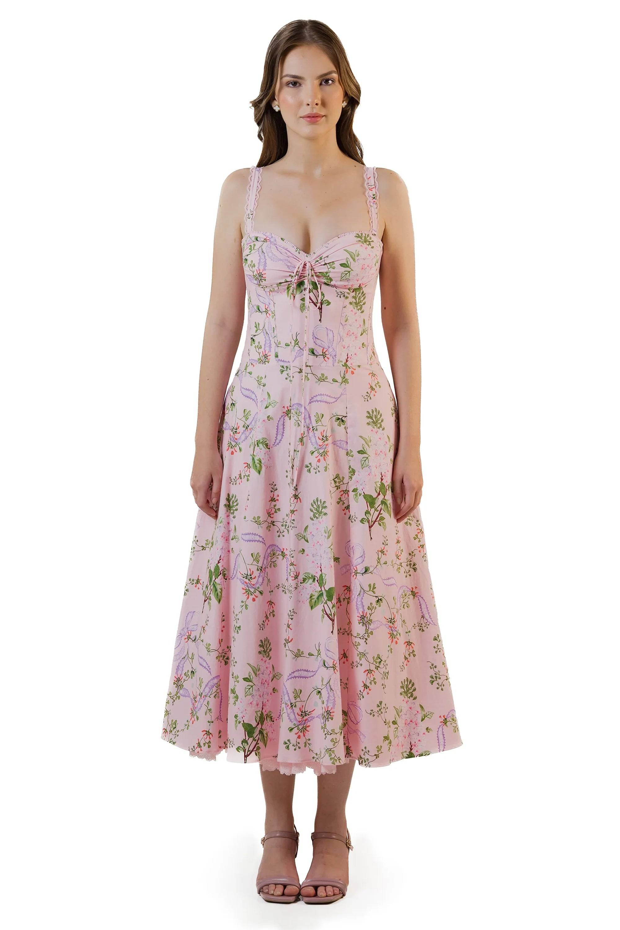 Pastel Pink Floral Bustier Midi Cotton Dress