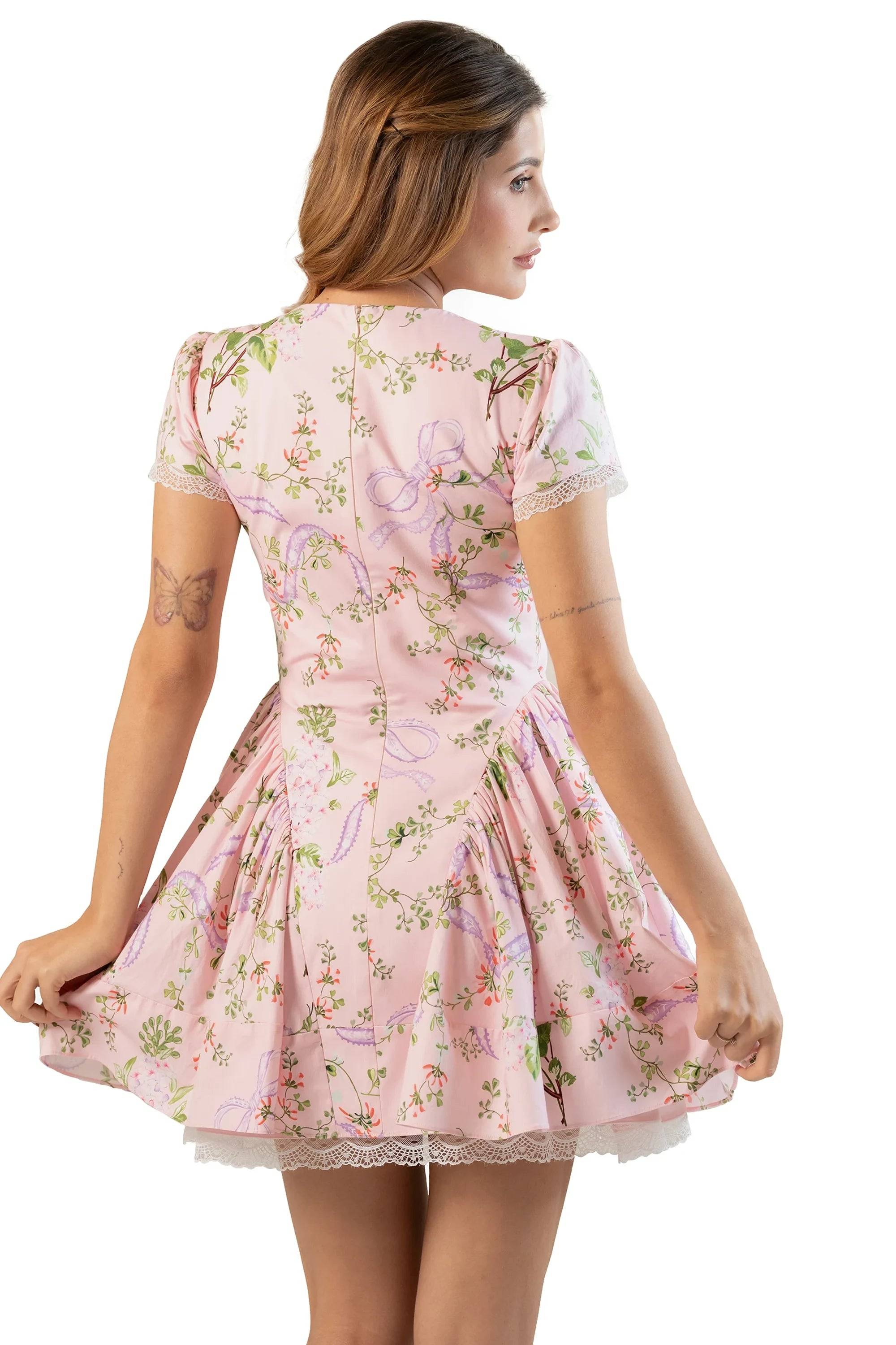 Pink Floral Tie-Neck Cap Sleeve Mini Dress