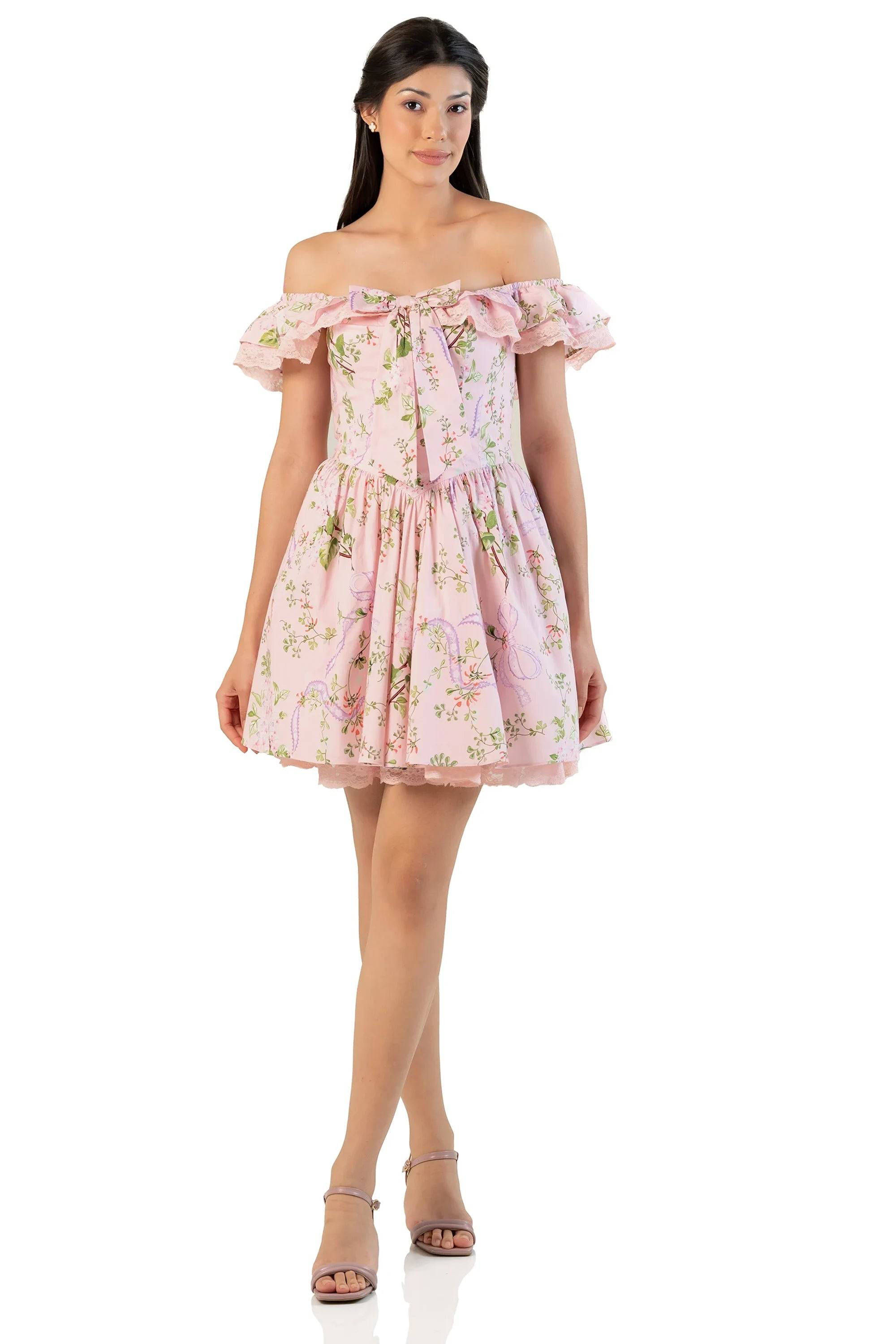 Pink Floral Lace-Trim Off-Shoulder Mini Dress