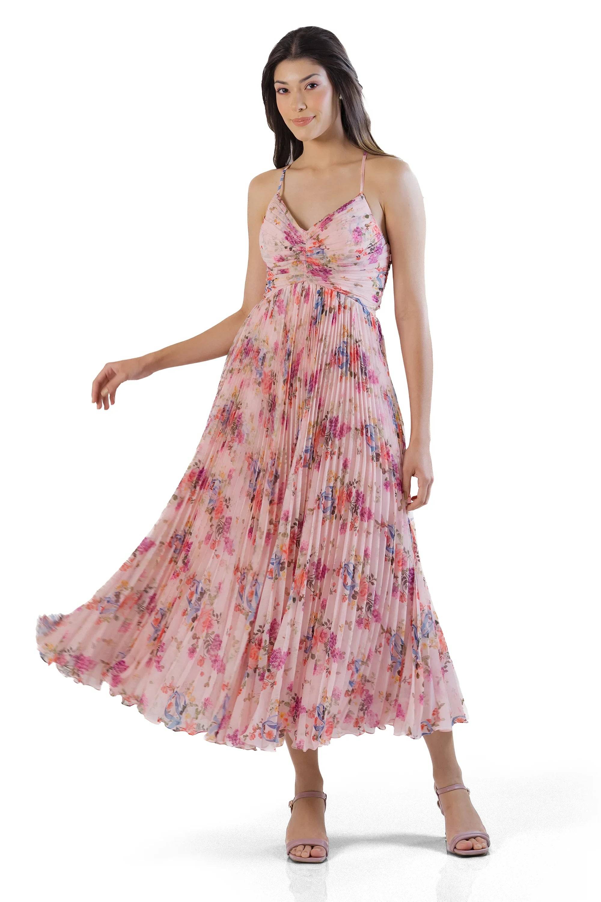Blush Pink Pleated Floral Maxi Dress
