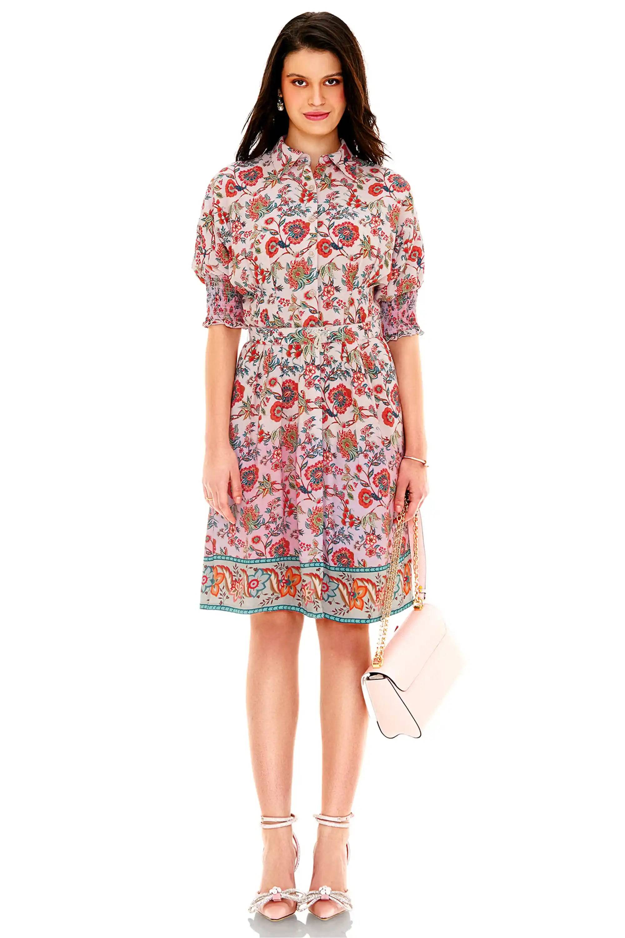 Pink Floral Puff-Sleeve Belted Mini Dress