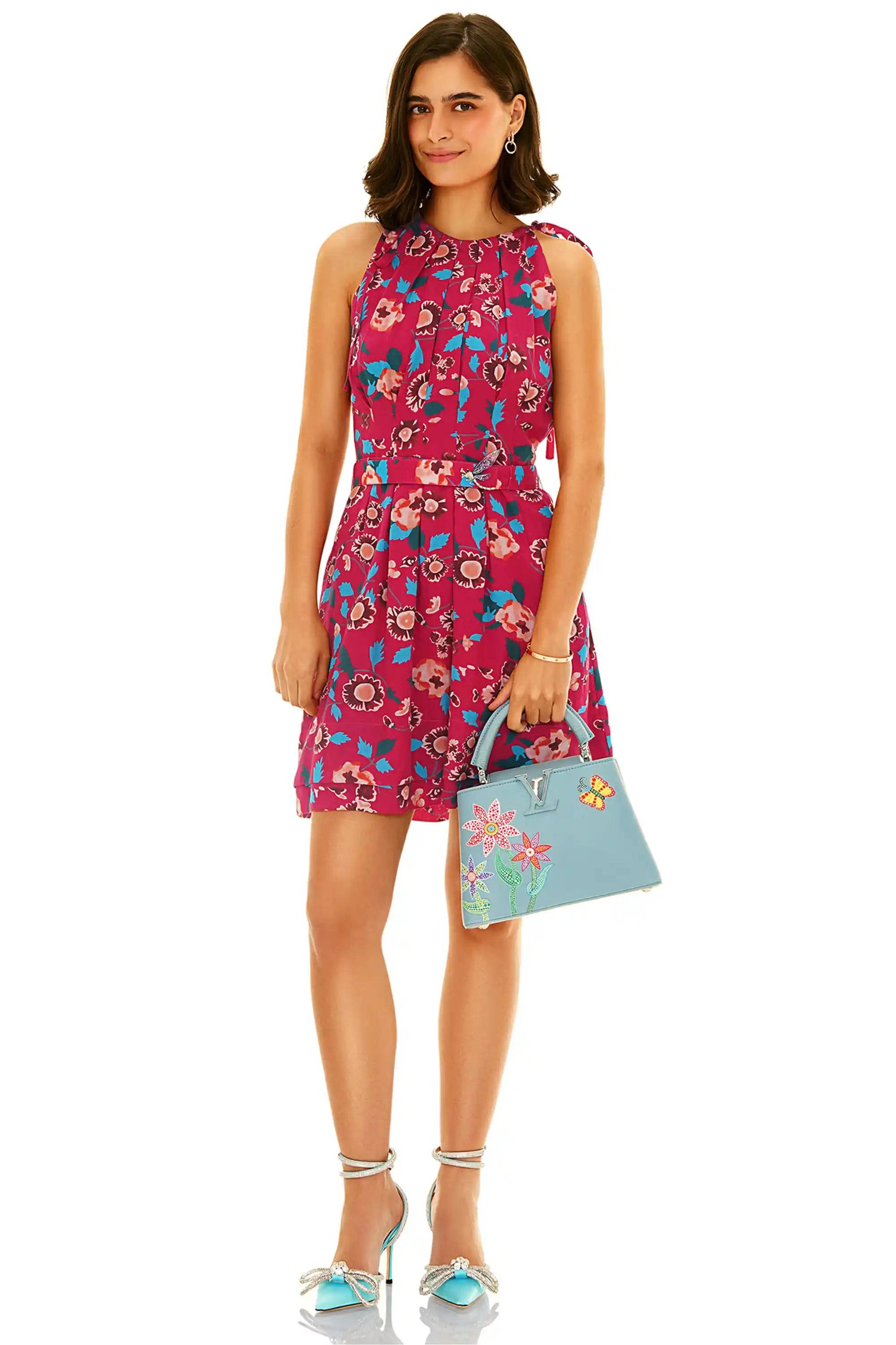 Raspberry Sorbet Floral Sleeveless Belted Mini Dress