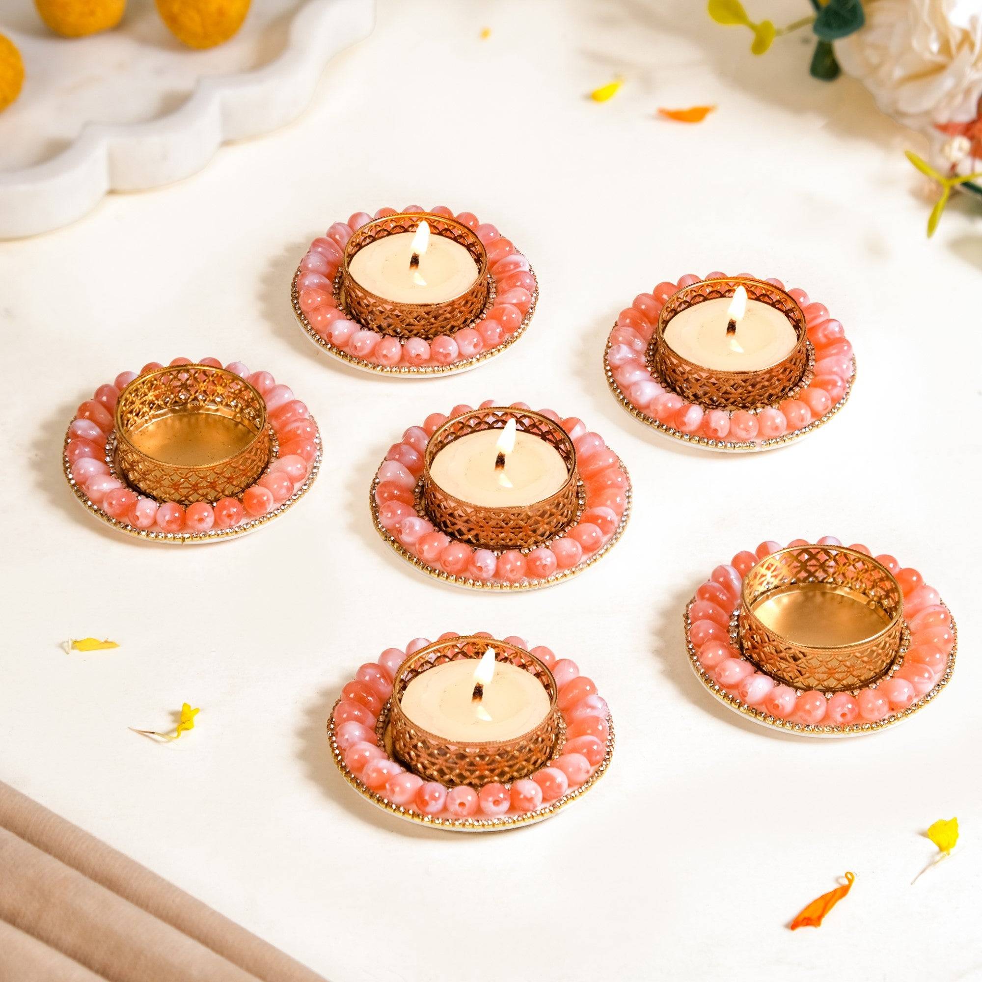 Pink Beaded Tea Light Candle Holders Set Of 6