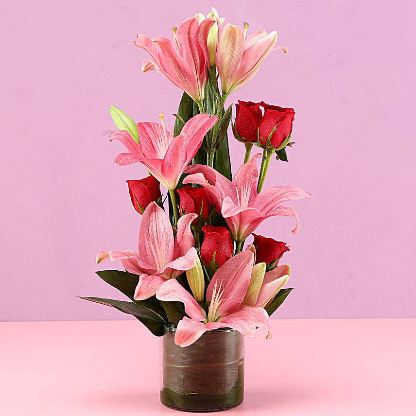 Pink Lilies & Red Roses Vase