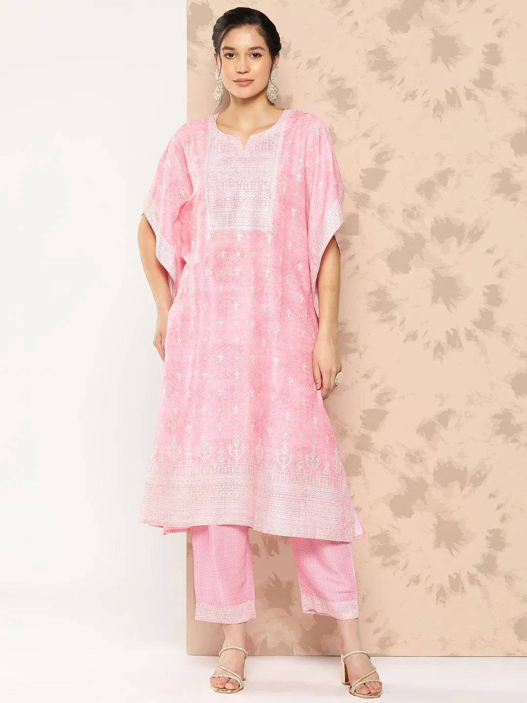 Pink Printed Silk Blend Kaftan Kurta Wi... Buy only at ₹3999