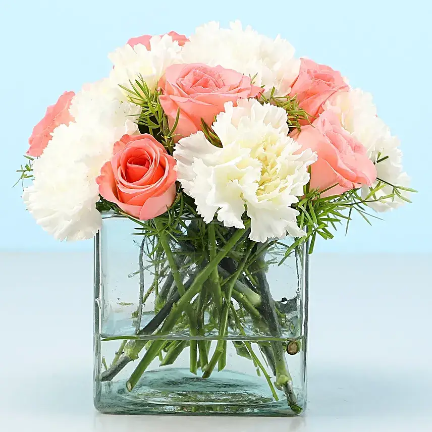 Pink Roses & White Carnations Vase