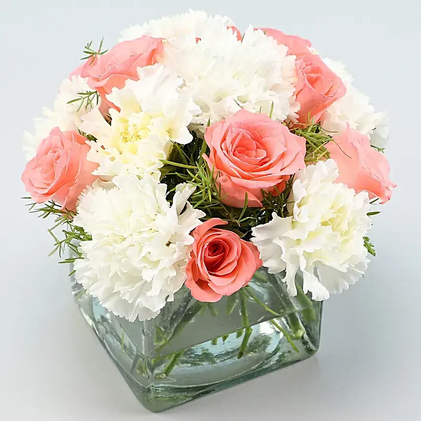 Pink Roses & White Carnations Vase