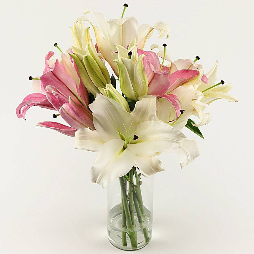 Pink & White Oriental Lilies in Glass Vase