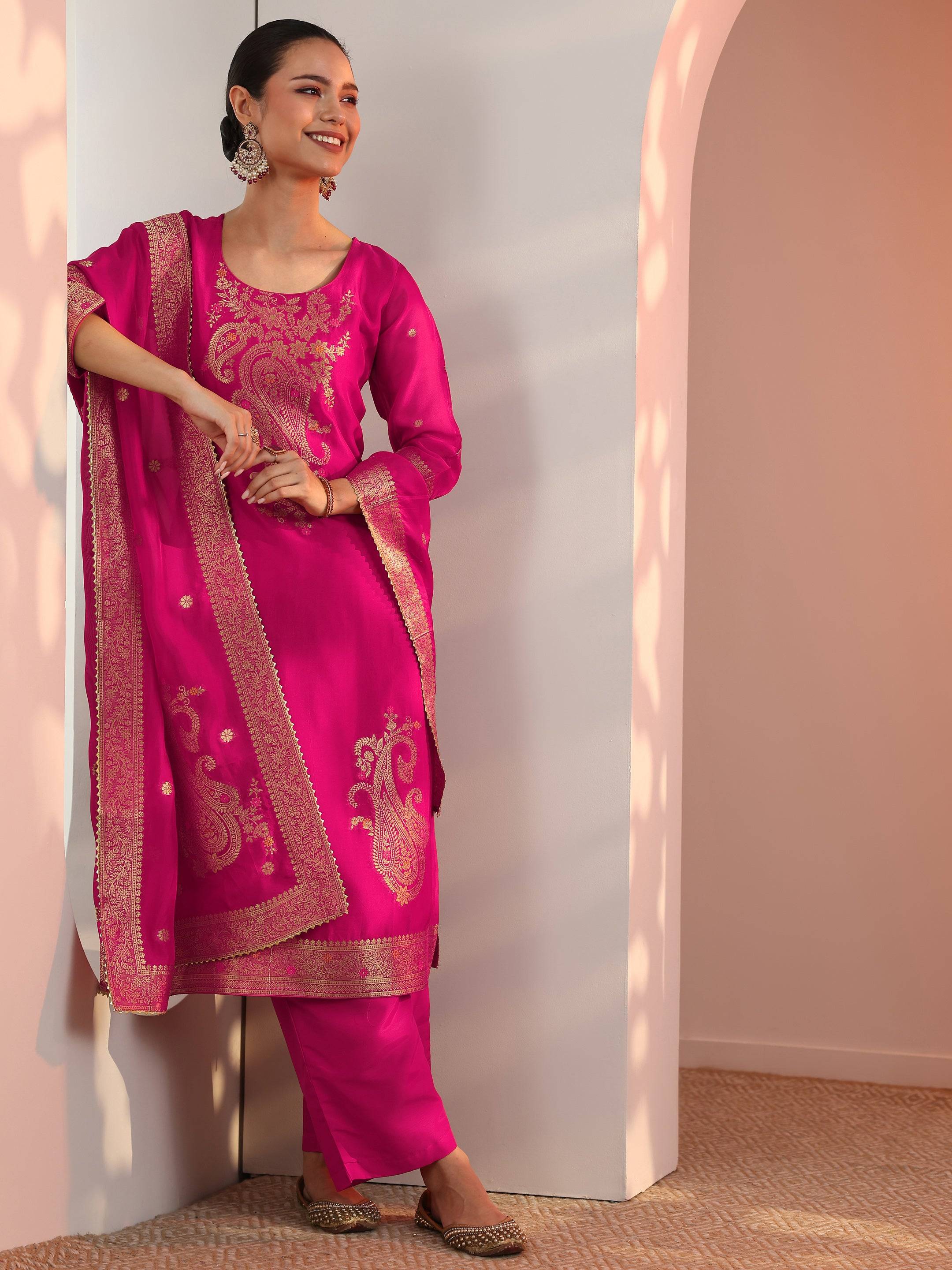 Pink Woven Design Silk Blend Straight S... Buy only at ₹5699