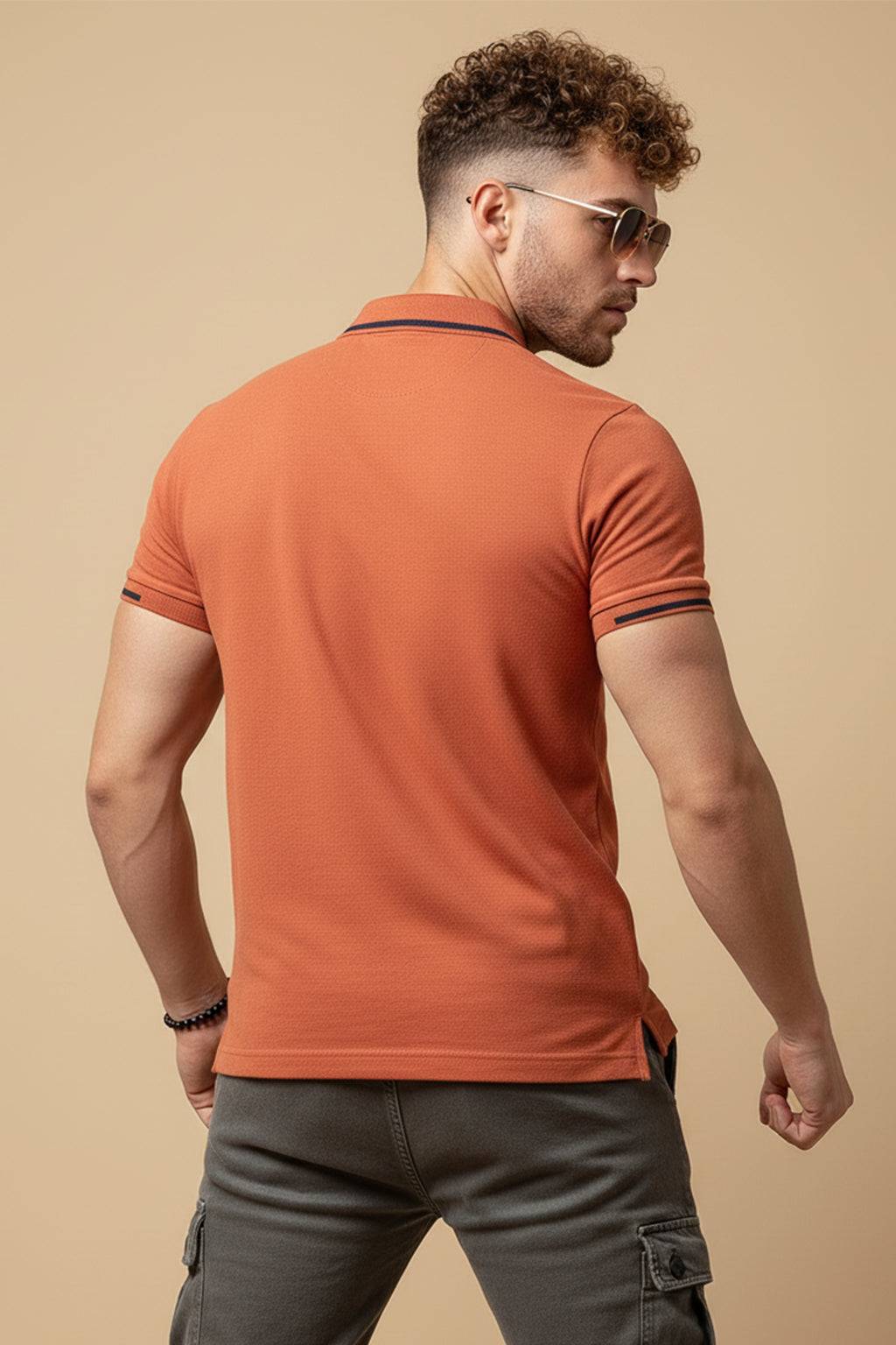 Orange Pique Stripe Collar Regular Fit Tipping Polo T-shirt