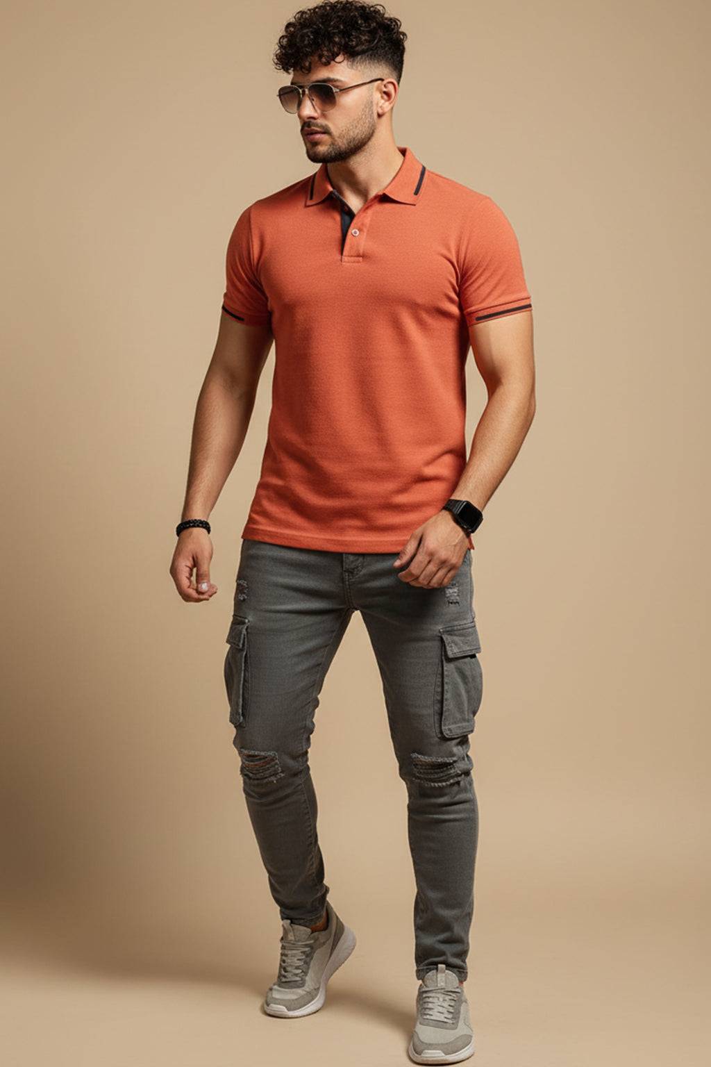 Orange Pique Stripe Collar Regular Fit Tipping Polo T-shirt