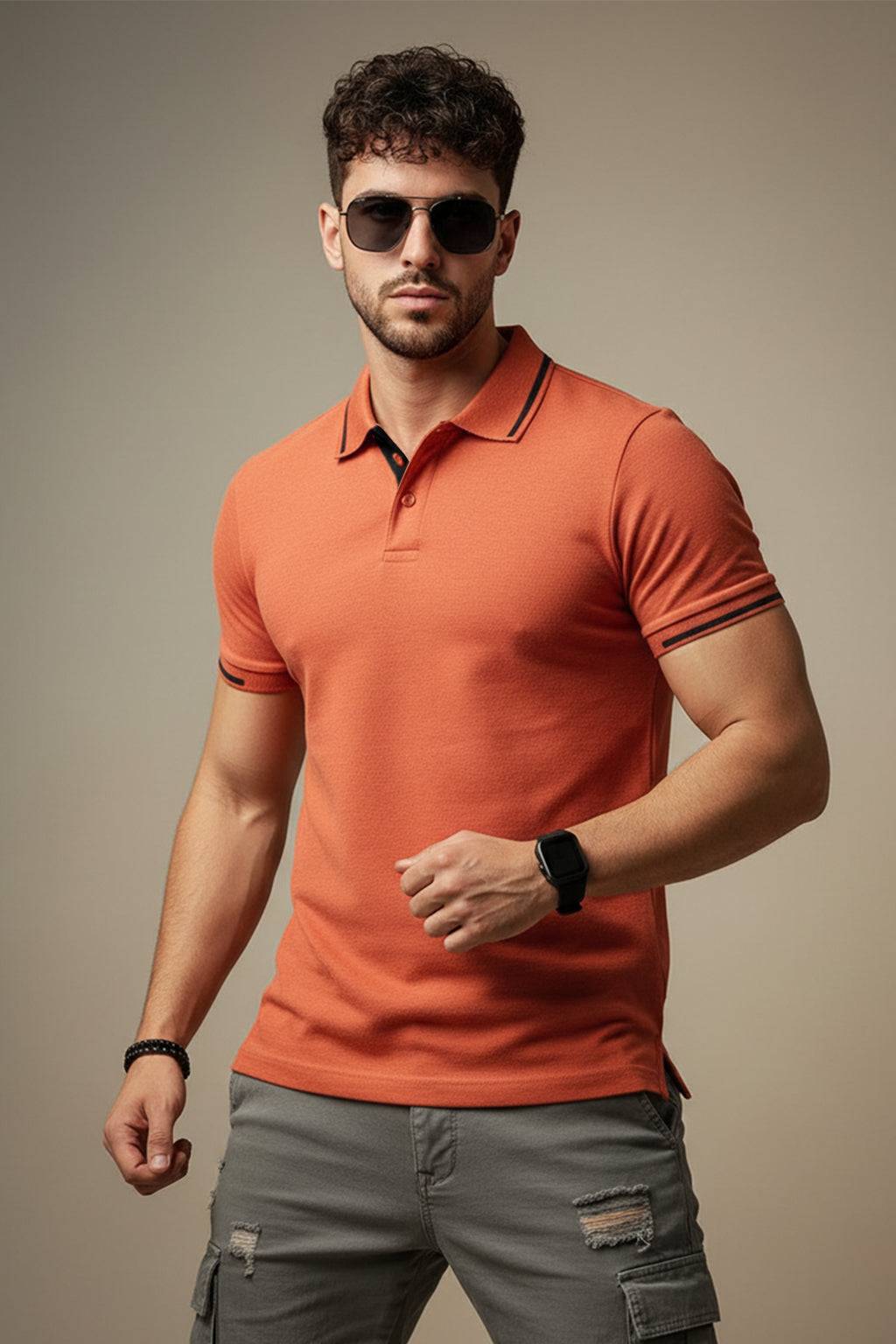 Orange Pique Stripe Collar Regular Fit Tipping Polo T-shirt