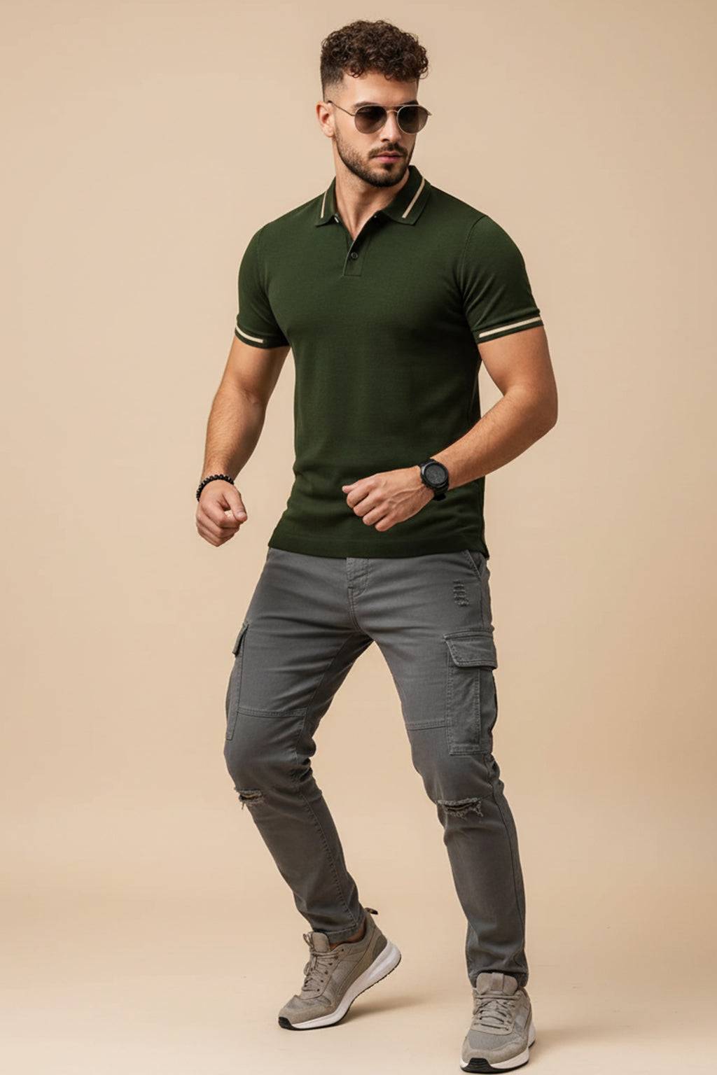 Olive Pique Stripe Collar Regular Fit Tipping Polo T-shirt