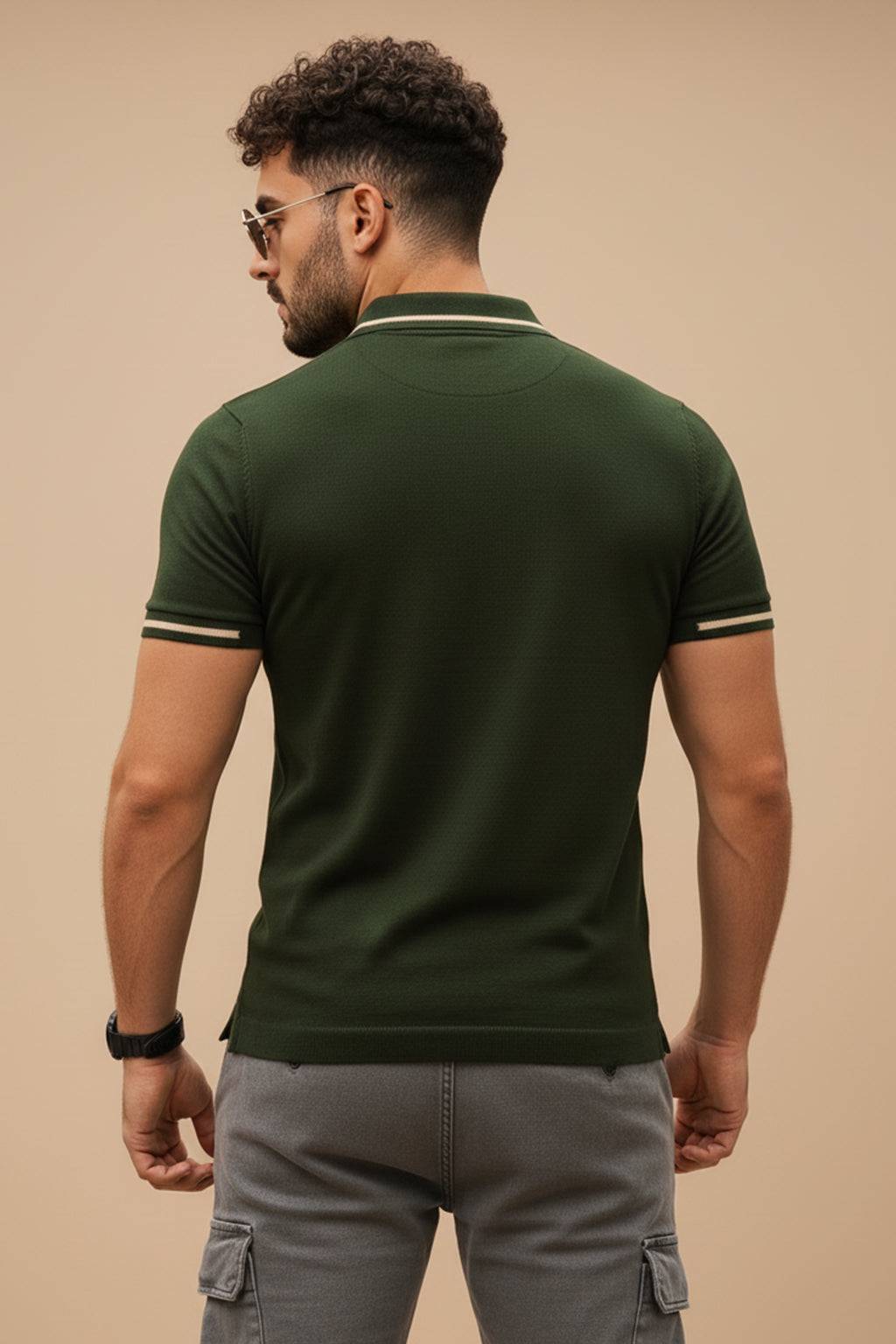 Olive Pique Stripe Collar Regular Fit Tipping Polo T-shirt