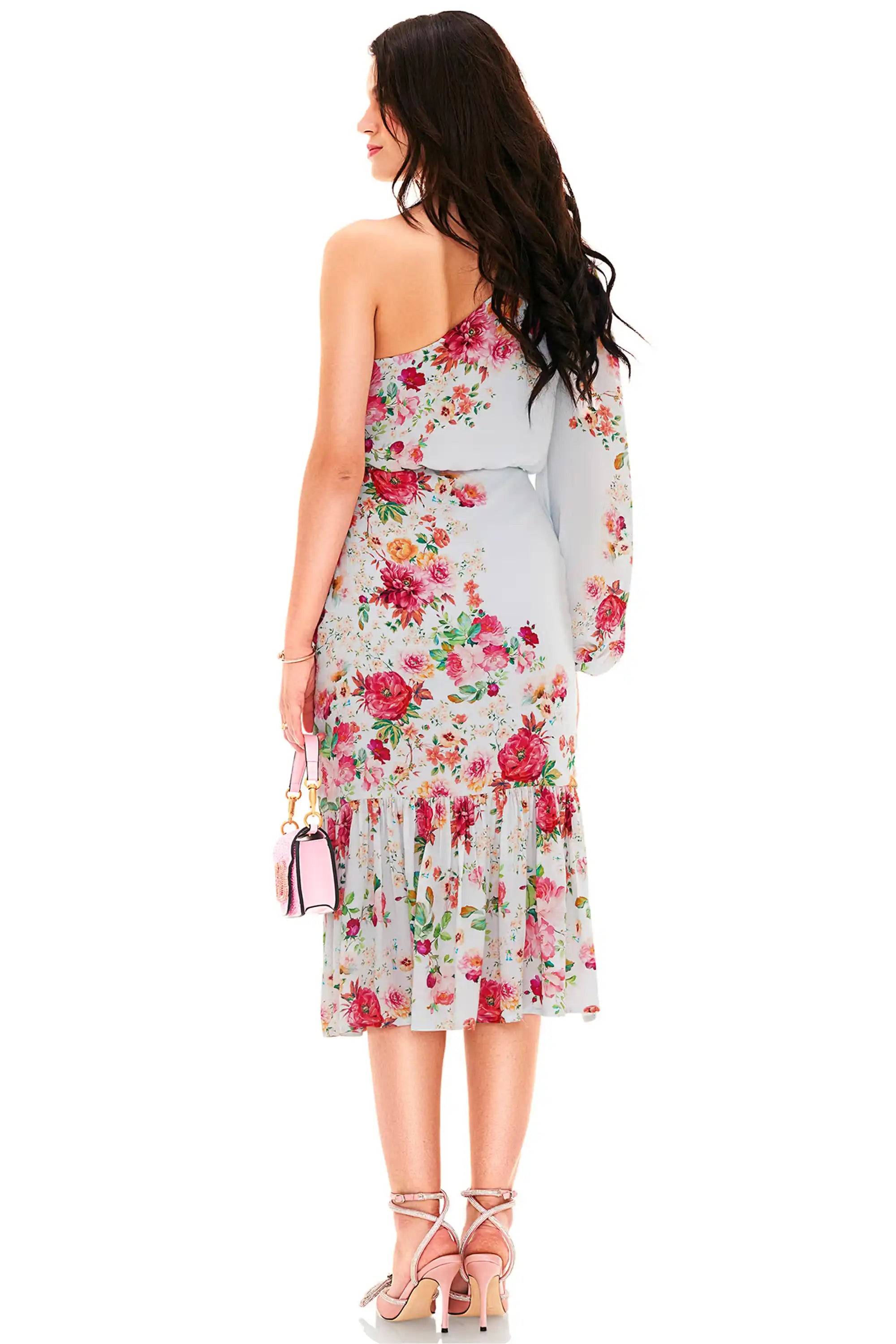 Powder Blue One-Shoulder Floral Ruffle Midi Dress