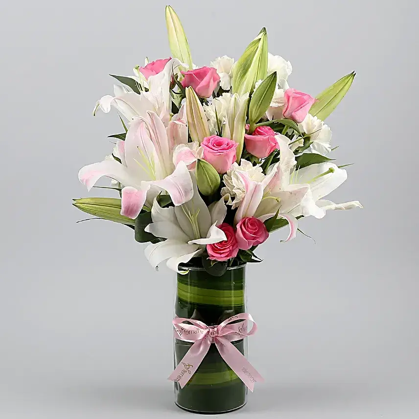 Premium Mixed Flowers Glass Vase Arrangement