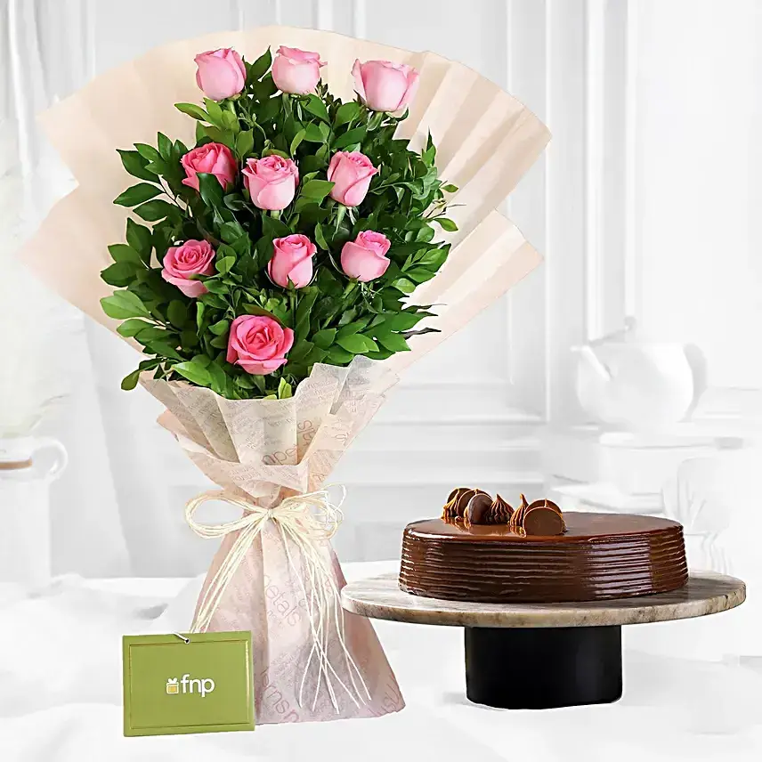 Pretty In Pastel Roses Bouquet & Truffle Cake