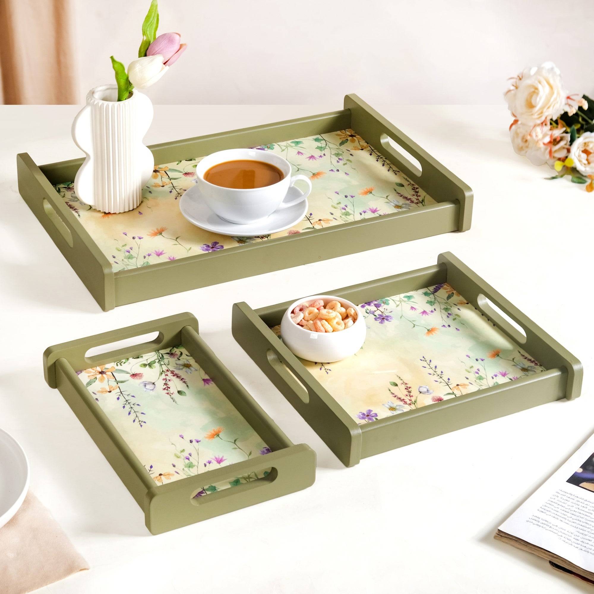 Valley Of Flowers Wooden Serving Tray Set Of 3 buy only at ₹2495