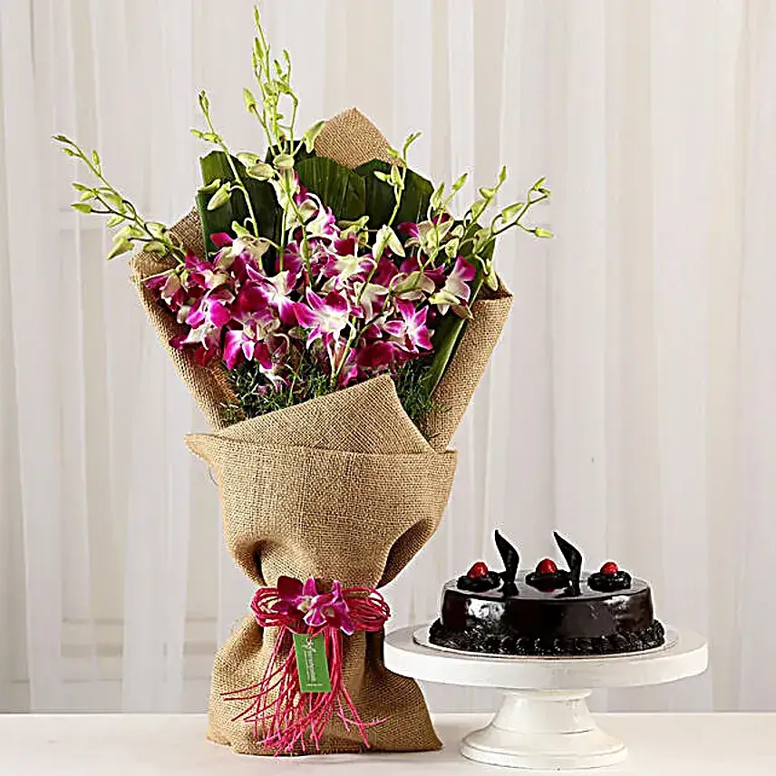 Purple Orchids Bunch N Truffle Cake Combo