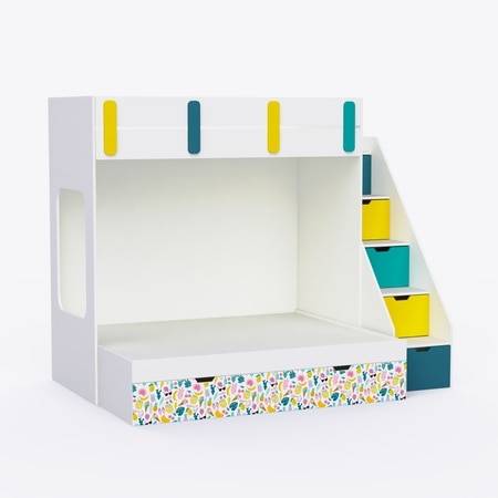 Pattern Dreams Bunk Bed  6X5 (Drawers On Wheels) In White & Teal Colour