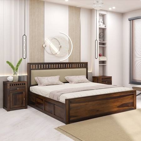 Vrinda Solid Wood Queen Size Bed In Hydraulic Storage Bed In Provincial Teak Finish
