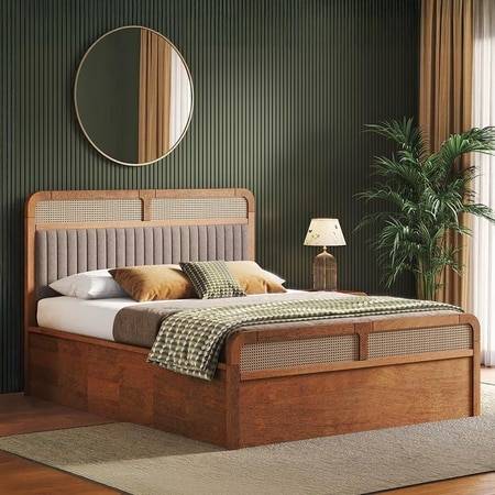 Hanoi Solid Wood Cane Queen Size Hydraulic Storage Bed In Amber Walnut Finish with Shitake Beige Colour