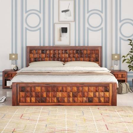 Keaton Sheesham Wood Queen Size Bed Drawer And Box Storage Honey OakOak Finish (60 x 78 inches)