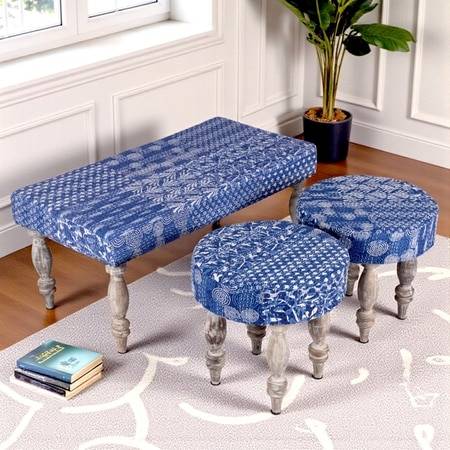 Bestone Sheesham Wood Mid Century Seater Bench Set  2 Stools In Indigo Patchwork Kantha