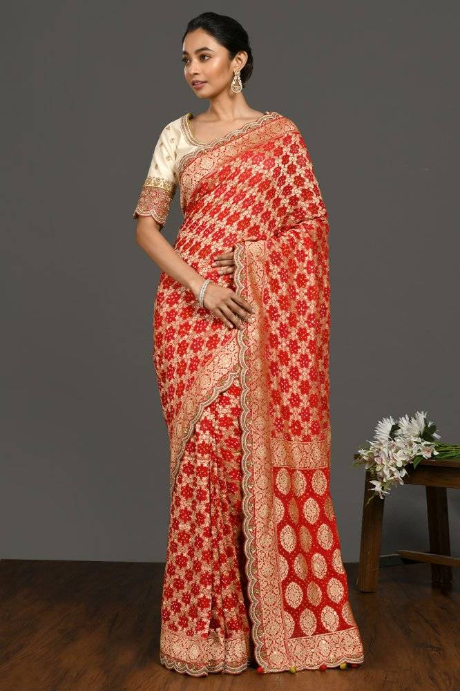 Red Bandhej Moti-work Saree Buy at ₹28995