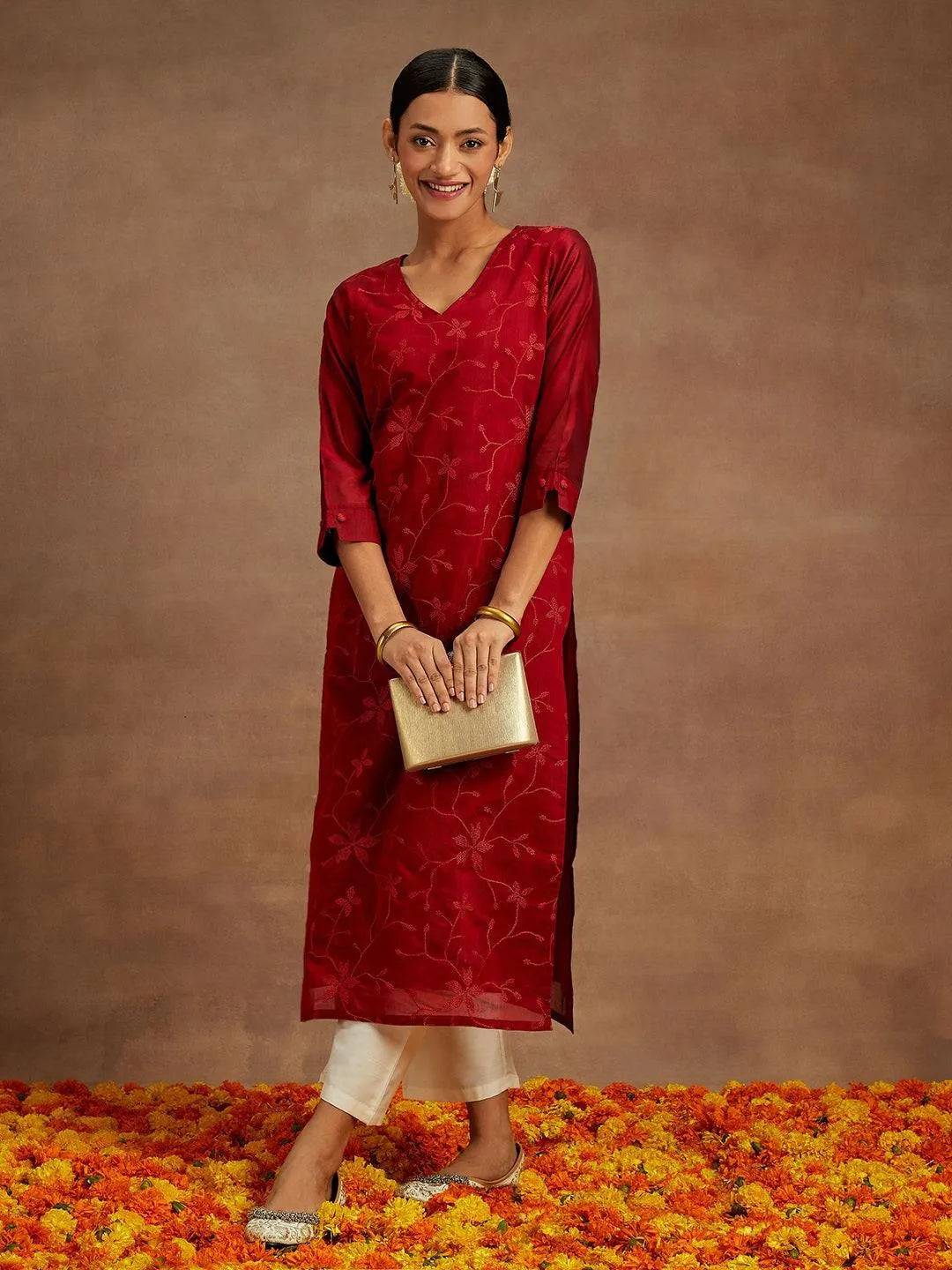 Red Embroidered Chanderi Silk Straight ...