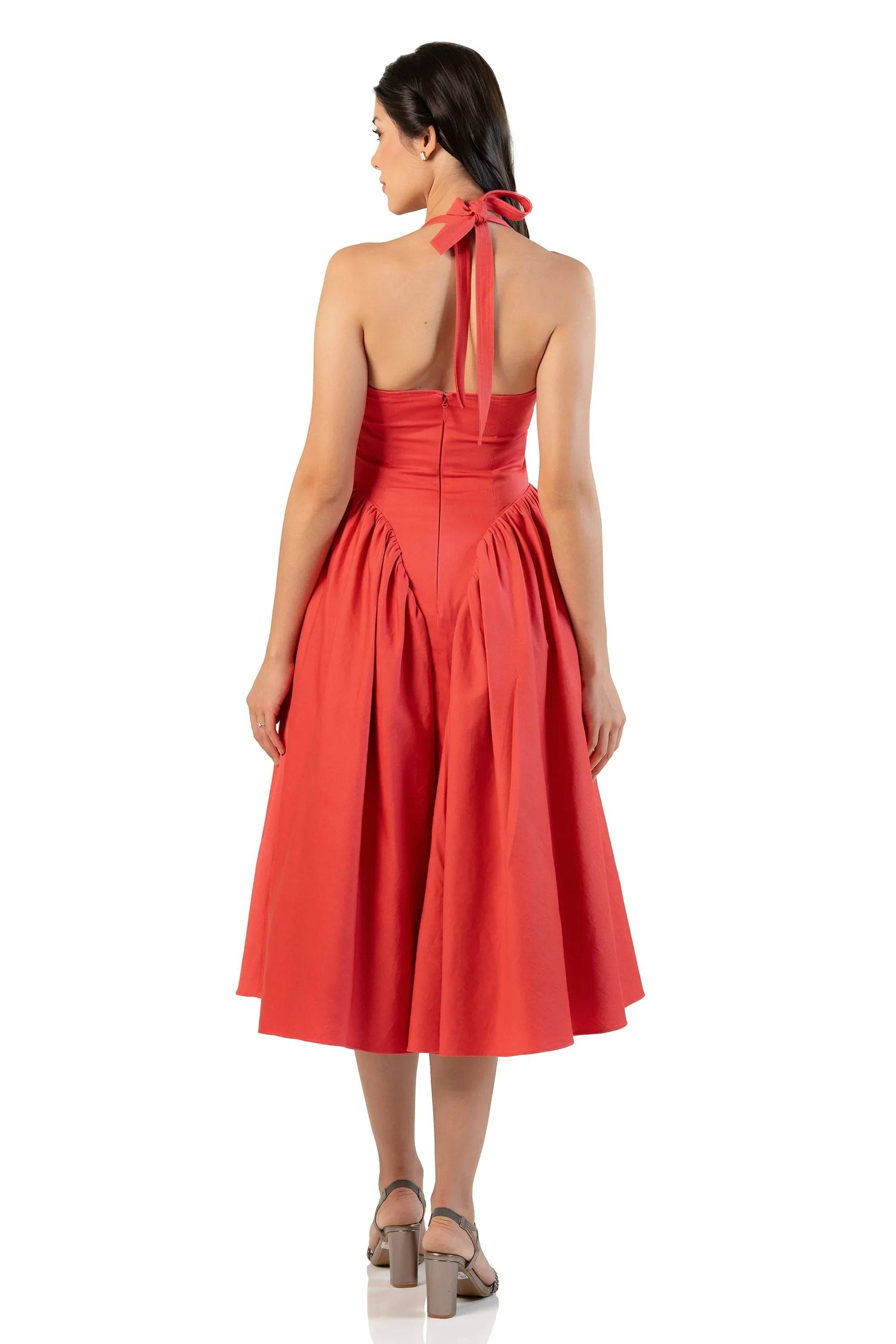 Coral Red Halter Bustier Midi Dress