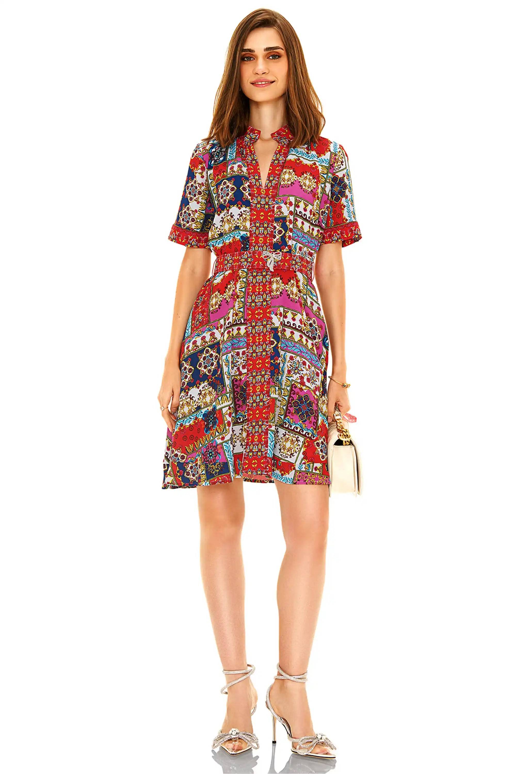 Luxury Mosaic Print Belted Button-Down Mini Dress
