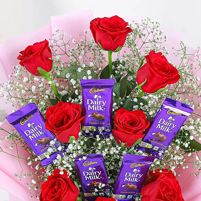 Red Roses Bouquet & Dairy Milk Chocolates