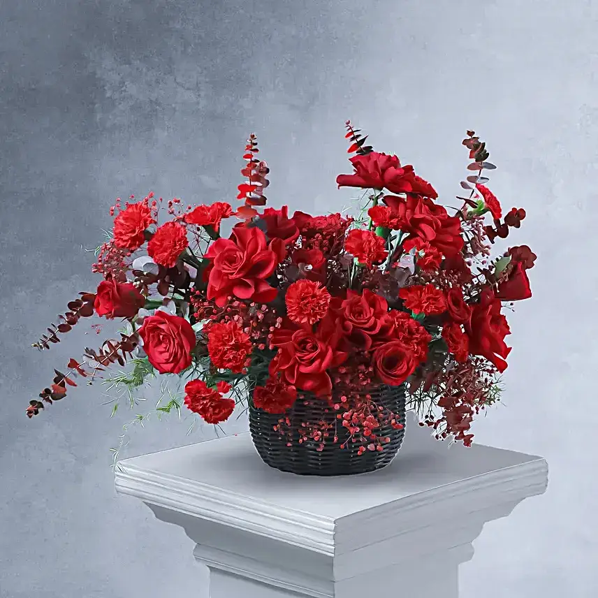 Romantic Red Floral Basket with Live Guitarist Surprise