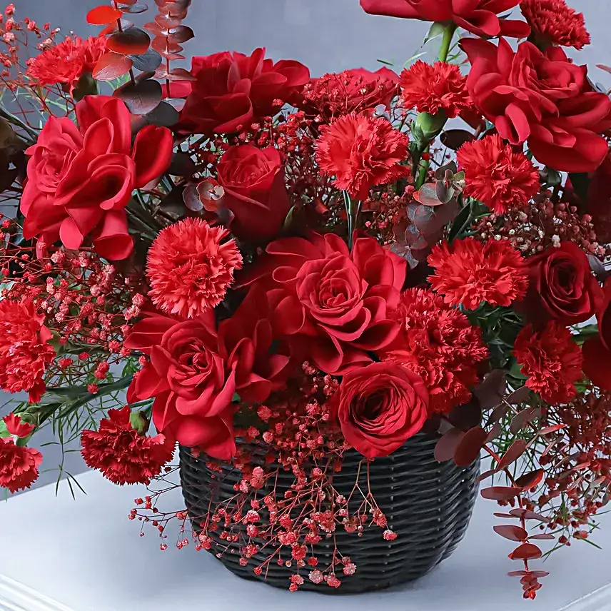 Romantic Red Floral Basket with Live Guitarist Surprise