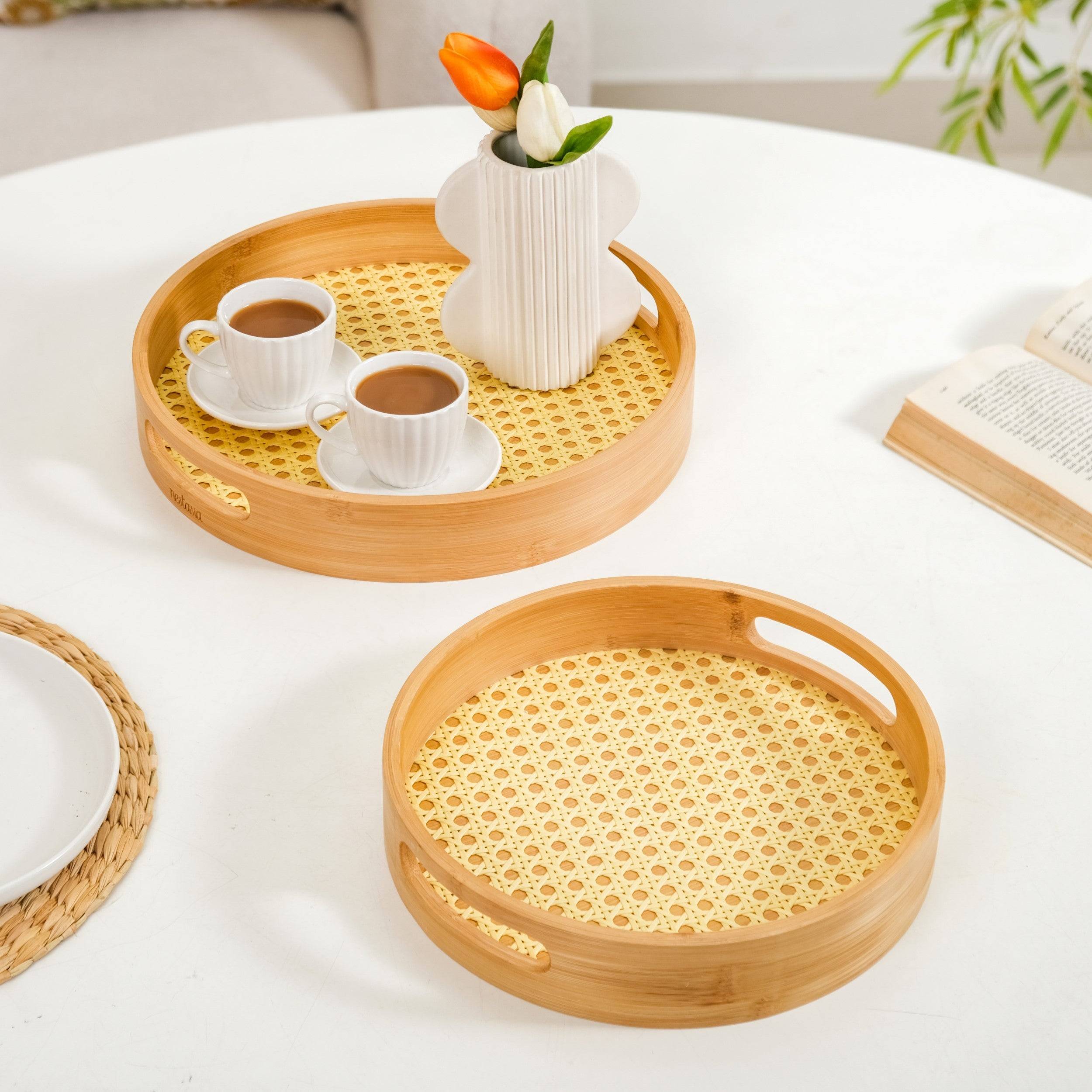 Set Of 2 Rattan Weave Round Wooden Trays buy only at ₹3280