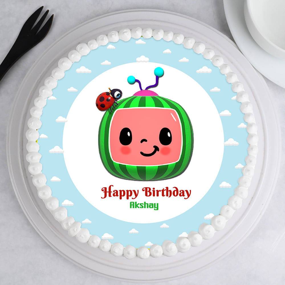 White n Blue Round Cocomelon Theme Birthday Cake