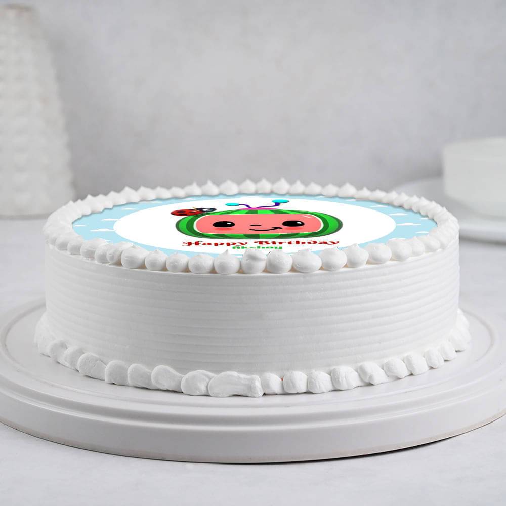 White n Blue Round Cocomelon Theme Birthday Cake