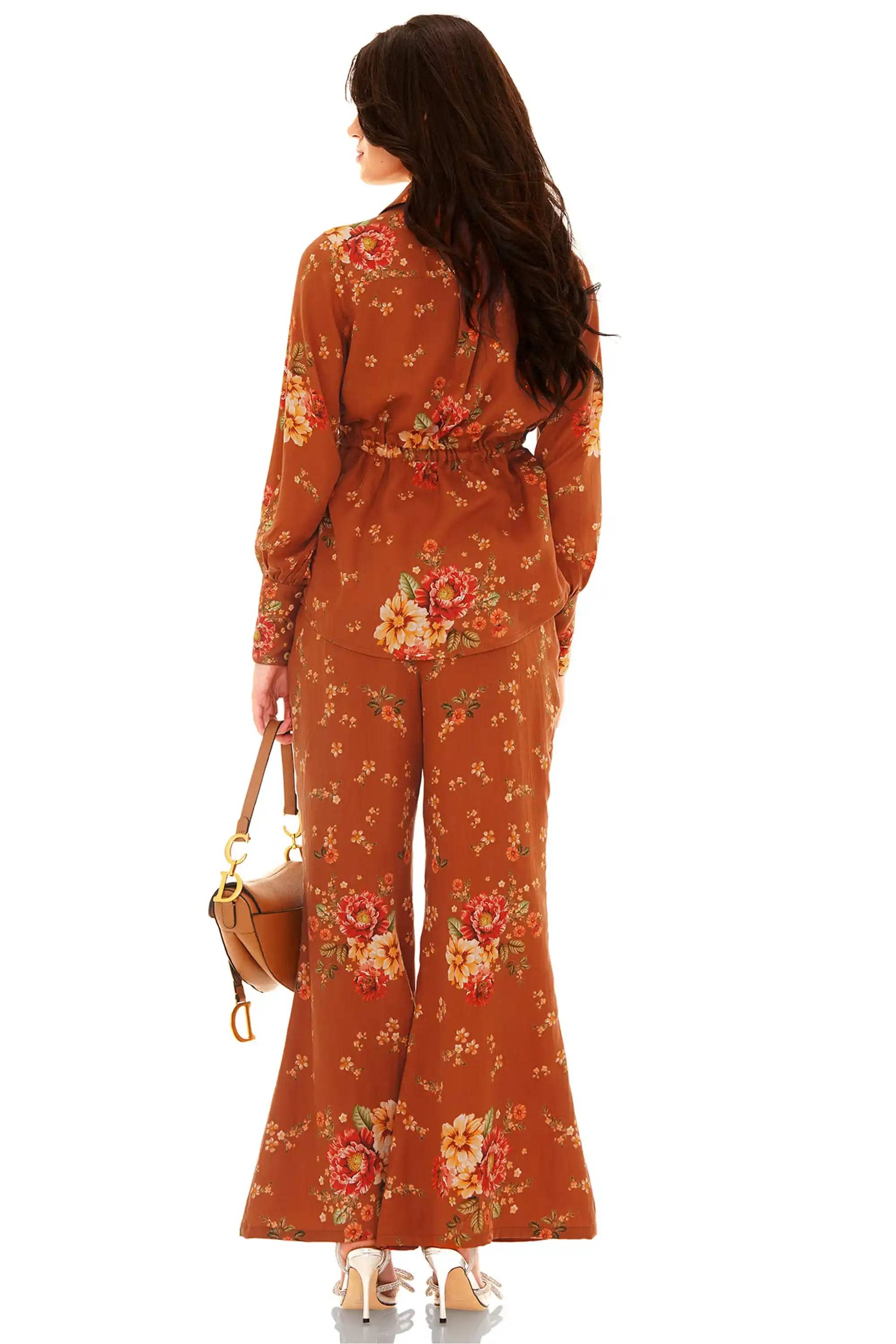 Rust Floral Belted Shirt & Flare Pants Co-ord Set