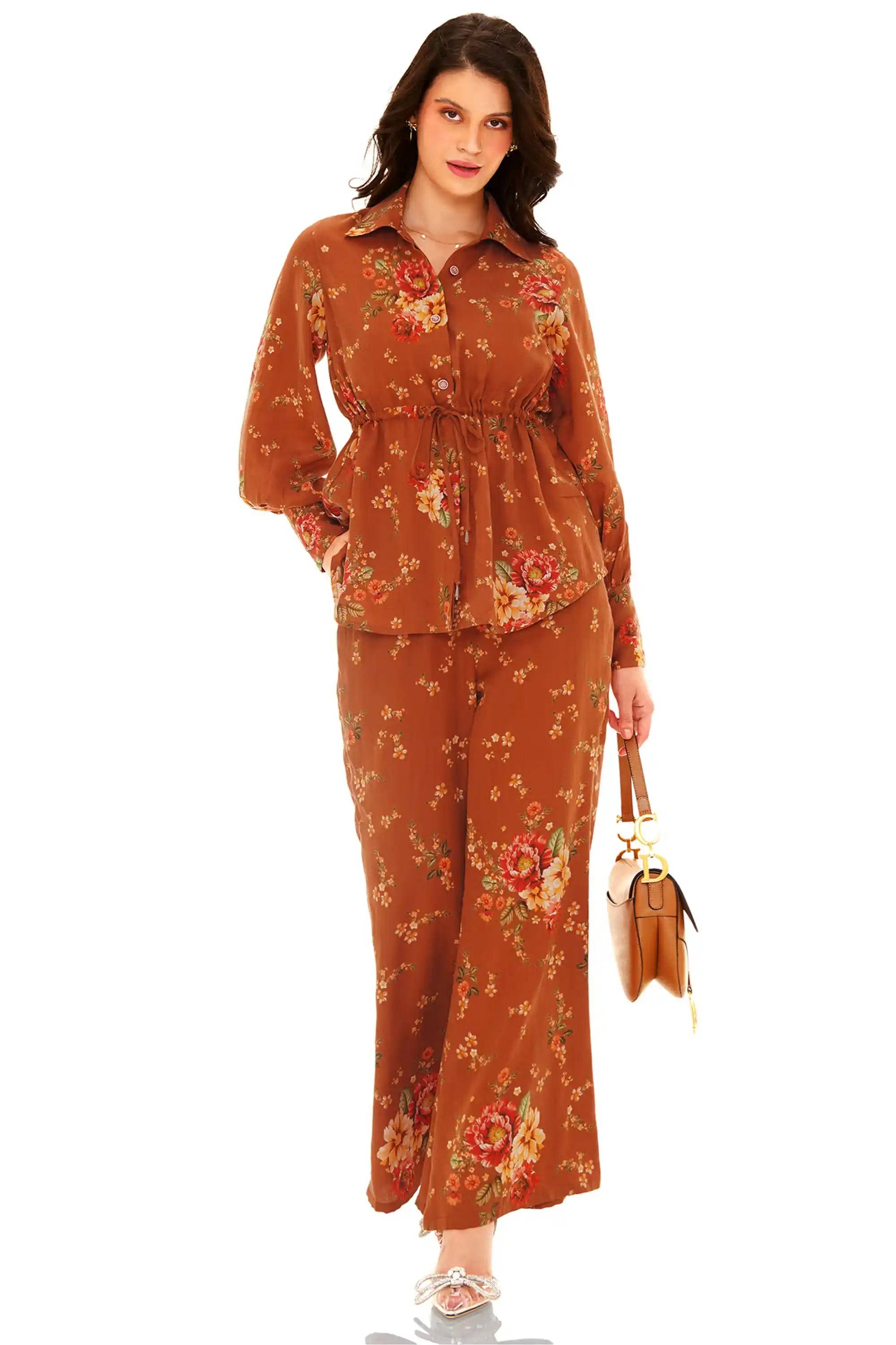 Rust Floral Belted Shirt & Flare Pants Co-ord Set